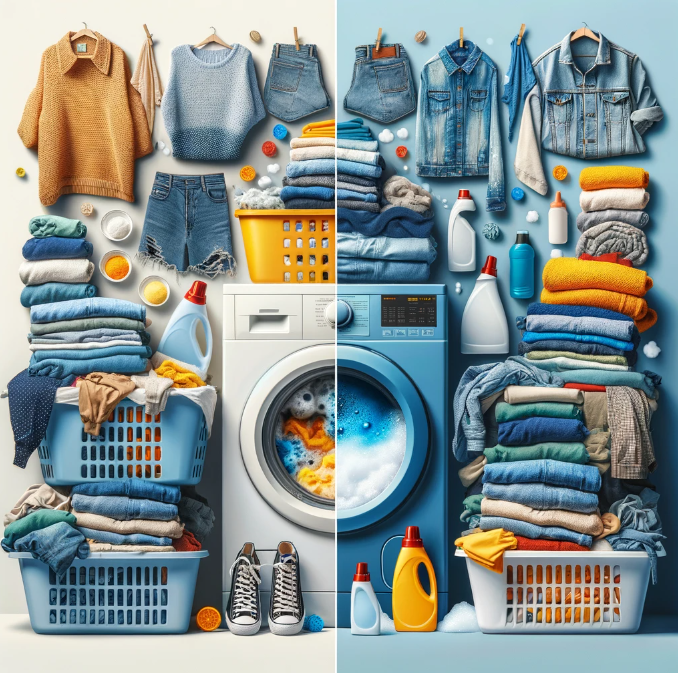 A ‘before and after image showing clothes washed with the correct amount of detergent