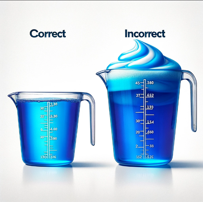 image showing the correct vs. incorrect amount of detergent in a measuring cup